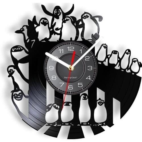 South Pole Penguins Decorative Wall Clock Lovely Animals LED Light Vinyl Record Wall Watch Retro Hanging Decor For Kids' Bedroom