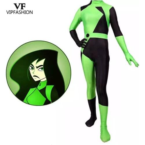 VIP FASHION Hot Sales Movie Super Villain Kim Female Shego Costume Lycra Spandex Halloween Cosplay Shego Women BodySuit