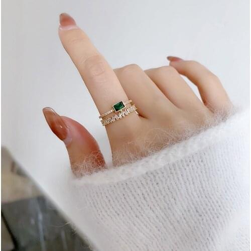 2020 New Arrival Trendy Crystal Geometric Retro Green Zircon Double Open Ring For Women Elegant Fashion Luxury Jewelry