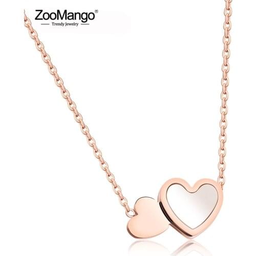 ZooMango Stainless Steel Sweet Shell Love Double Heart Pendant Necklaces Rose Gold Wedding Neckalce For Women Gift ZN17068