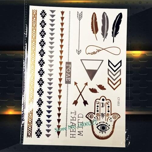 1PC Hot Sale Women Gold Metallic Waterproof Bracelet Tattoo Sticker PCT-153 Arrows Feather Hamsa Flash Tattoo Paste Xmas Gifts