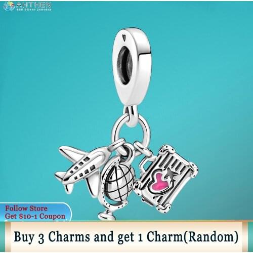 Ahthen 925 Sterling Silver Beads Airplane, Globe & Suitcase Dangle Charm fit Original Pandora Bracelets for Women Jewelry Making