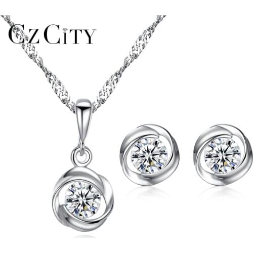 CZCITY 100% 925 Silver Sterling Rose Design Necklace & Earrings Jewelry Sets for Women Fashion Exquisite Wedding Silver Jewelry