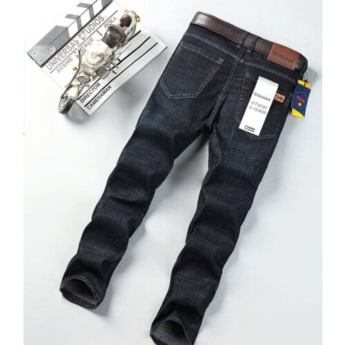 Golden classic jeans shocking price straight stretch business mens slim thin black large size mens denim trousers