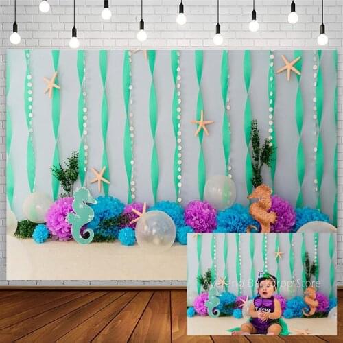 Avezano Sea Backdrop Flower Birthday Baby Shower Starfish Seahorse Balloon Newborn Photography Background Studio Photozone Decor