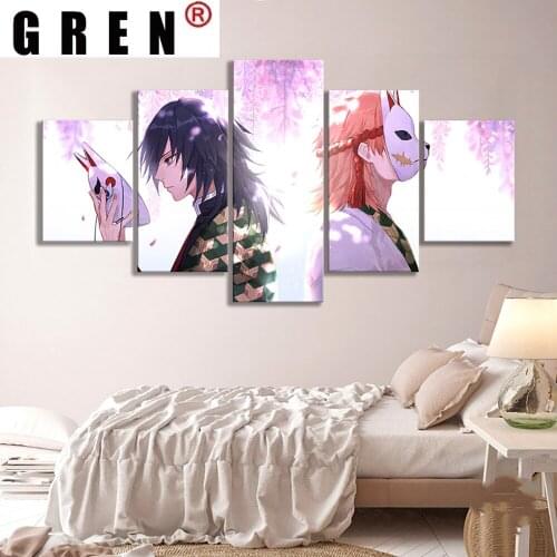 GREN 5 Panel Cartoon Demon Slayer Wall Art For Bedside Background Modular Pictures Home Decor Canvas Printed Painting Poster