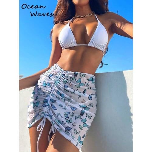 2021Hot New Sexy Butterfly Print Push Up Women Swimwear Perspective Skirt Swimsuit 3Pieces Bikini Set Halter Bather Bathing Suit
