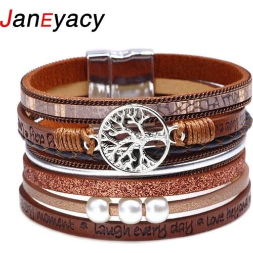 Janeyacy New Fashion Hollow Life Tree Bracelet Leather Printed Letters Women Bracelet Bohemian Style Pearl Bracelet Pulseira