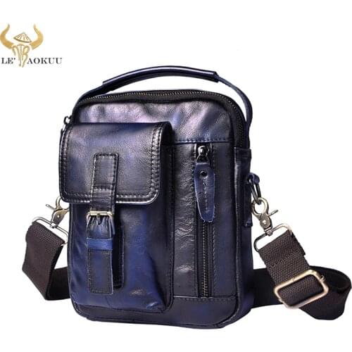 Quality Original Leather Male Casual Shoulder Messenger bag Fashion Blue Cross-body Bag 8" Pad Tote Mochila Satchel bag 2070