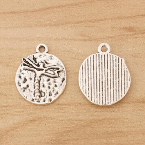 20 Pieces Tibetan Silver Hammered Dragonfly Round Charms Pendants for Bracelet Necklace Jewellery Making 20x17mm