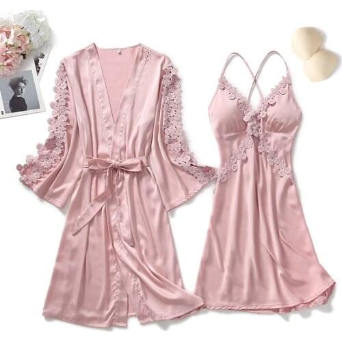 Lace Floral Dressing Gown Women Robe Sets 2PCS Rayon Kimono Bath Strap Top Nightgown Sleepwear Sexy Nightwear Loose Home Dress