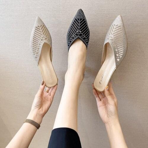 Fashion Crystal Hollow Slippers Womens Summer Breathable Mesh Pointed Mules Womens Gold High Heels Slide Slippers Women