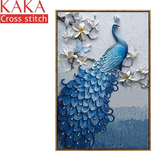 KAKA Cross stitch kits,5D Blue Peacock Flowers,Embroidery needlework sets with printed pattern,11CT canvas,Home Decor Painting