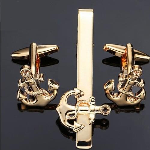 French Cufflinks Sets High-quality Copper Material Fashion Mens Business Jewelry Gifts Golden Anchor Cuff Links Tie Clip Set