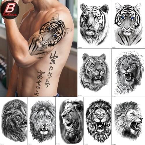 Tribal Lion King Temporary Tattoo Stickers For Men Cool Black Ink Tiger Drawing Waterproof Fake Tattoos Body Art Large Tattoo