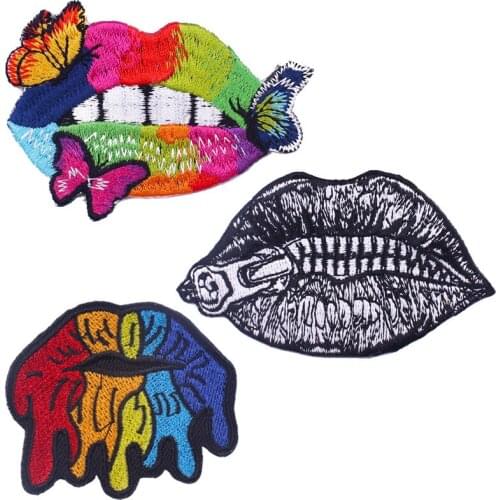Butterfly Lips Embroidery Patches for DIY Punky Clothes Zip Mouth Iron on Appliques Colorful Lips Fashion Sewing Cloth Stickers