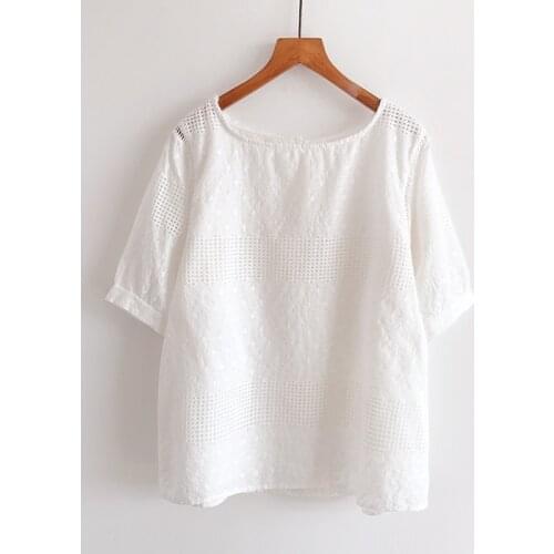 2020 New Summer Women Blouse Japan Style Cotton Short Sleeve Shirt Literary Embroidery O-Neck Pullover Tops