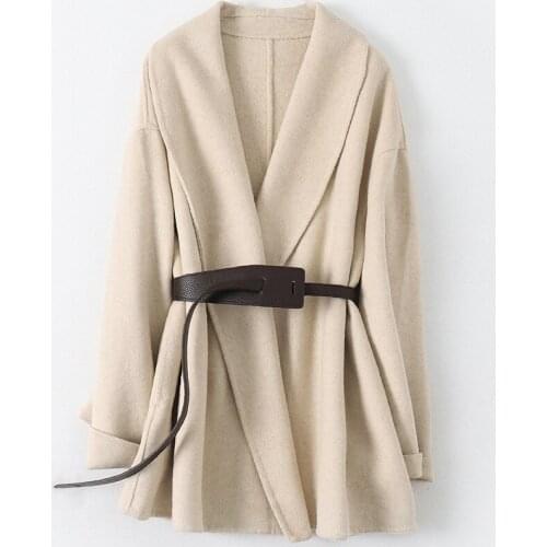 Bat Sleeve Wool Double-sided Tweed Coat Womens Spring Autumn Fashion New Woolen Jacket Slim Middle Length with Adjustable Waist