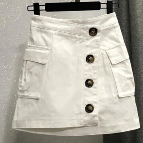 Casual denim short skirt women new high waist large pocket single breasted jeans mini skirt