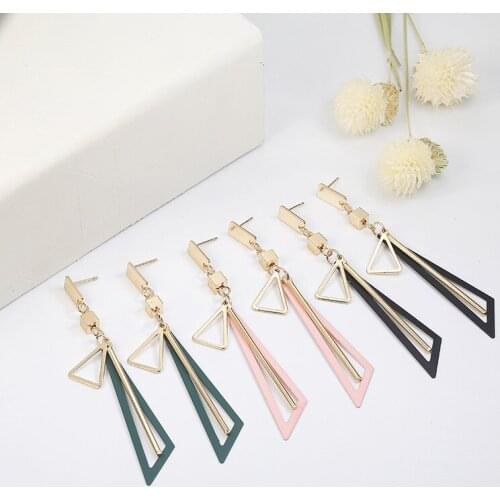 Korean Pop Simple Temperament Long Geometric Triangle Color Pendant Earrings For Women Vintage Stud Jewelry Wholesale