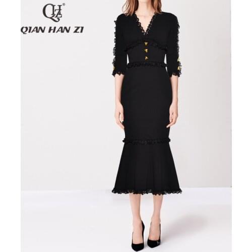 Qian Han Zi designer fashion Three Quarter dress V-neck Lace Leopard Button vintage Black party Mid-length slim bodycon dress