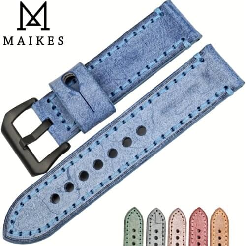 MAIKES High Quality Genuine Calf Leather Blue Color Watch Strap 22mm 24mm 6 Color Watch Bands Handmade Watchband for Panerai
