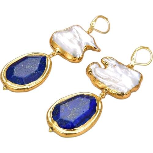 GG Jewelry Cultured Gray Keshi Pearl Blue Lapis With Gold color Plated Lever Back dangle Earrings for women