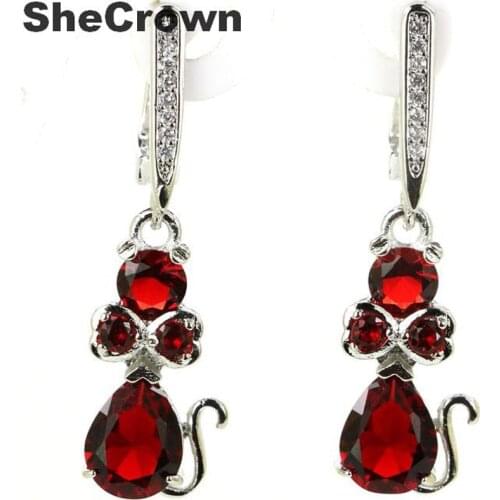34x9mm Gorgeous Cat Shape Created Red Blood Ruby White CZ Gift For Sister Silver Earrings