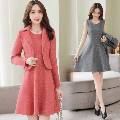 Woolen Suits Female Autumn Solid Color Short Coat + Slim Dress Two-Piece Sets