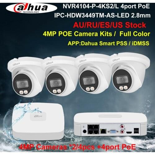 Dahua Security Camera System Full Color 4MP PoE Kits Build in MIC IPC-HDW3449TM-AS-LED NVR4104-P-4KS2/L 4CH NVR Recorder 2/4pcs