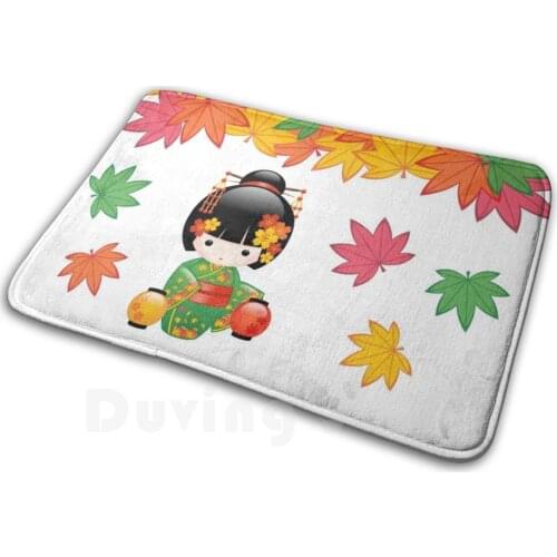 Japanese Fall Kokeshi Doll Soft Non-Slip Mat Rug Carpet Cushion Fall Kokeshi Doll Cute Girly Vector Geisha Autumn Kimono