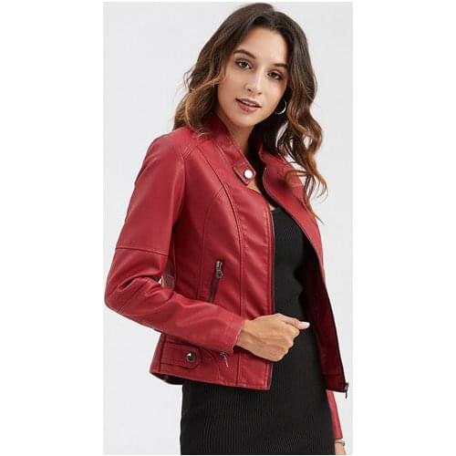 S To 4XL Plus Size Faux Leather Jacket Women Tops Slim Thin Spring Autumn Long Sleeve Pockets PU Leather Moto Jacket Casual Coat