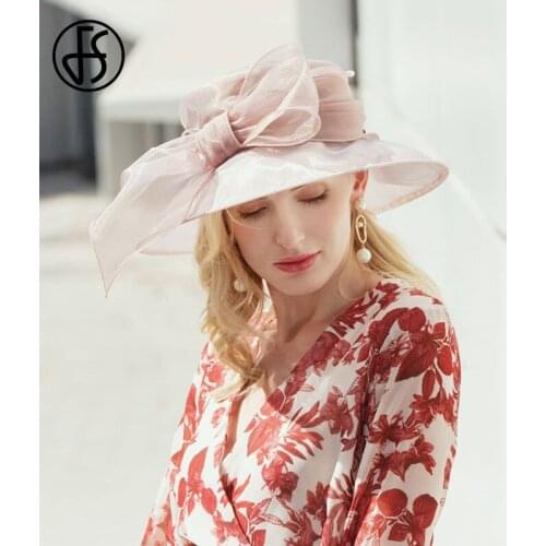 FS Fashion Sun Hat For Women Foldable Kentucky Derby Pink Organza Hats Ladies Party Wedding Wide Brim Fascinator Vintage Fedoras