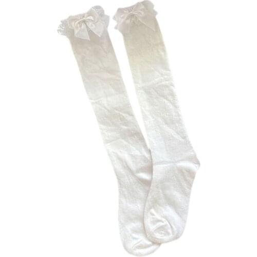 Women Lolita Lace Ruffle Frilly Knee High Socks Kawaii Sweet Bowknot Summer Stretch Solid Color Long Stockings Hosiery Cosplay
