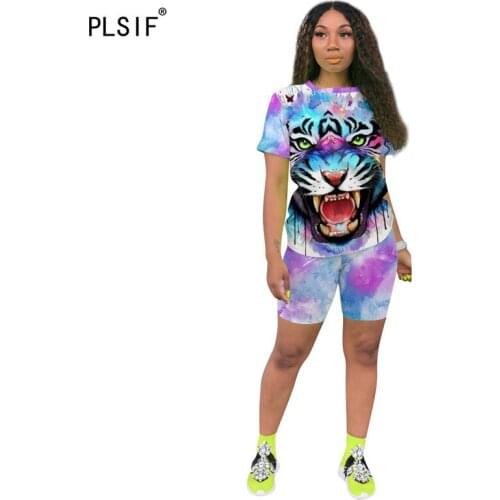 2020 fashion o neck women set gothic summer print sexy club party tracksuit lady 2 pieces tops and shorts