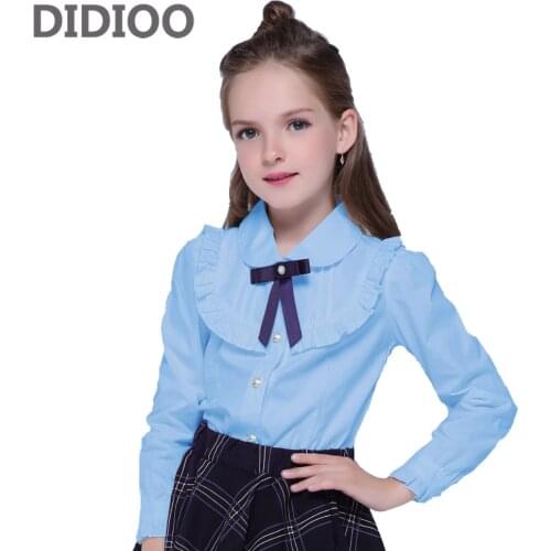 Kids Cute Bow Blouses For Girls Turn-Down Collar School Uniforms 2 4 6 8 10 11 12 14 Years Long Sleeve White Blouses Girls Tops