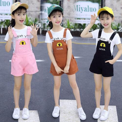 2020 Summer Children Girls clothes 2PCS Set T shirt + Jeans Denim Shorts Overalls Jumpsuit For Girl Kids 6 8 9 10 11 12 13 Years