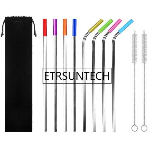 Long Stainless Steel Metal Drinking Straws For 20 Oz Cups Tumbler Reusable Replacement With Silicone Tips Cleaning brushes bag