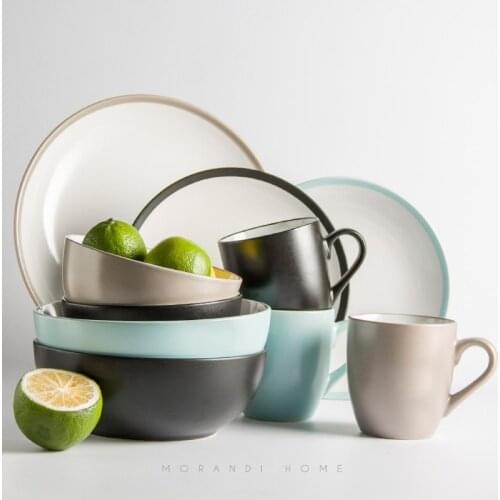 Brand western brief style ceramic mugs with handgrip porcelain big soup bowl round plates cutlery sets coffee mug solid glazed