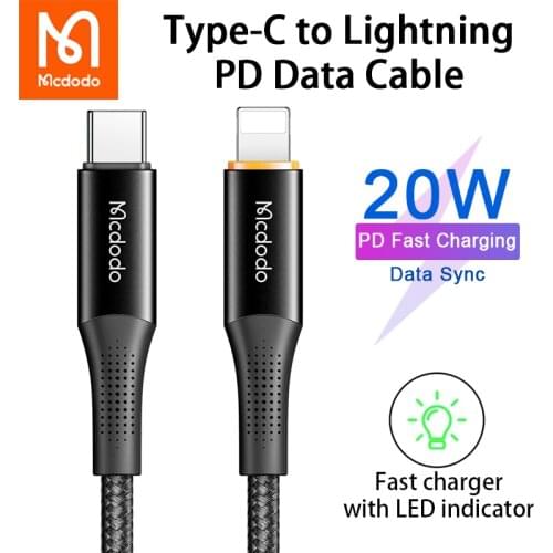 Mcdodo 20W USB Type C to lightning PD Fast Charging 3A LED Data Cable For iPhone 12 11 Pro X XS MAX iPad Pro Macbook USB C Wire