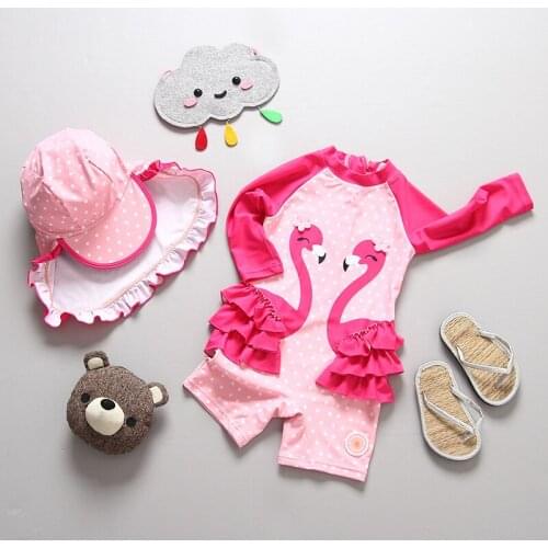 Girls Rash Guard Swimsuit Set with Swimming Cap 2020 Kids Girls One-Piece Flamingo Bathing Suits UV-UPF 50+ Girl Swimwear Suit