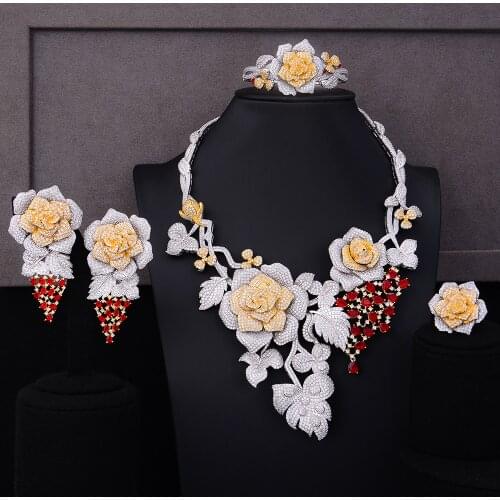 Missvikki Famous Brand Top 4 PCS Flower Necklace Bangle Earrings Ring for Women Wedding Engagement Occasion Jewelry Set Fashion