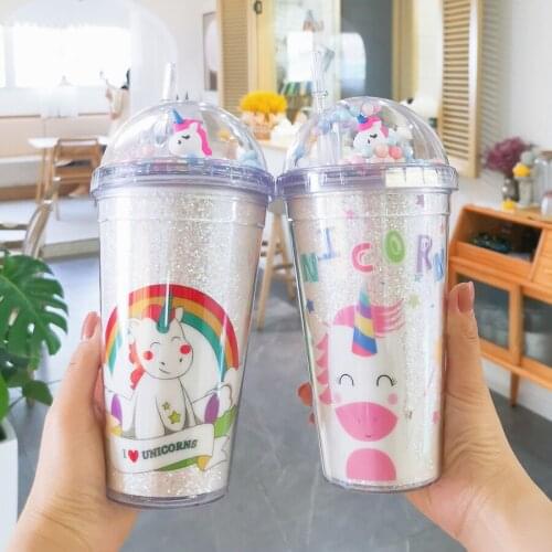 Fashion Unicorn Plastic Straw Water Cup Cartoon Large Capacity Micro Landscape Cup Women Drink Double-layer Mug For Gift