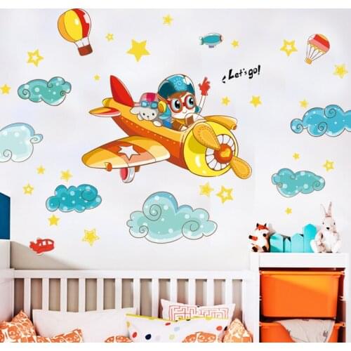 Cartoon Airplane Wall Sticker Children Bedroom Living Room Home Decoration Waterproof Pvc Mural Decals