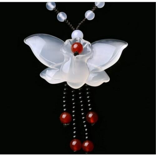 New 100% natural white chalcedony butterfly pendant long chain necklace >Dongguan girl Store free shipping
