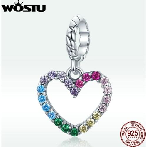 WOSTU 925 Sterling Silver Zircon Rainbow Heart Charms Pendant Fit Women Girl Bracelets Cute Fashion Jewelry Making Gift BKC1851
