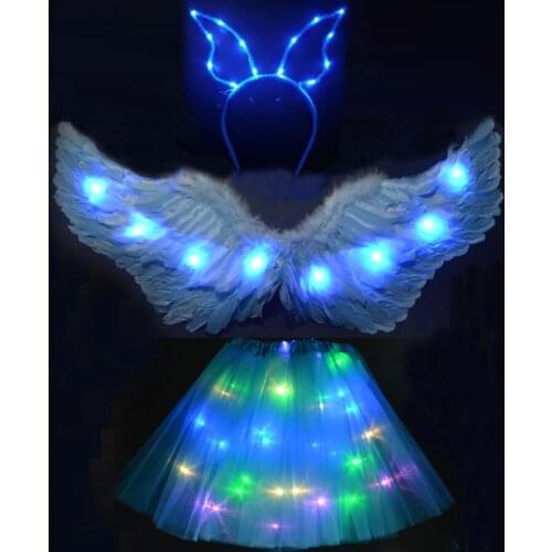Angel Feather Wing Headband Tutu Skirt Light Party Birthday Cosplay Wedding Christmas Costume Glow Led Clothes Halloween