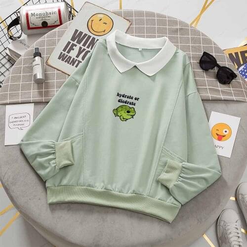 Winter Pullover Women Green Frog Kawaii Oversized Sweatshirt Print Long Sleeve Casual Fashion Turndown Collar Harajuku Korean