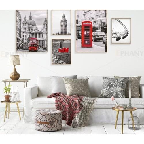 Grey and Red Cityscape Canvas Poster Nordic Decoration Bell Tower Bus Wall Art Print Painting Decorative Picture Home Decor