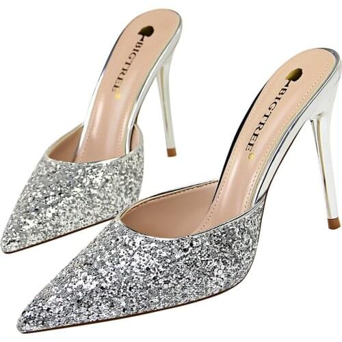 European and American style fashion simple metal heel thin heels high heels shallow mouth tip sequined bun female flip-flops